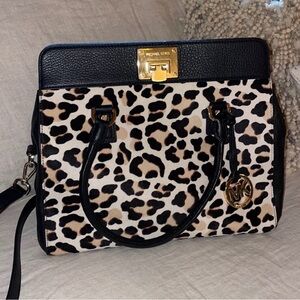 Michael Kors Leopard Print Satchel in Black and Cream with Gold Hardware